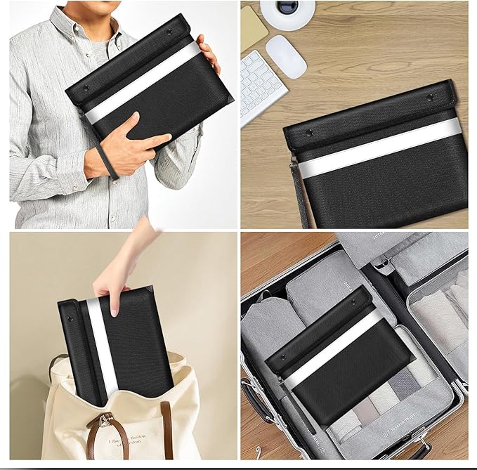 Fire Proof Money Bag for Cash 5200℉ Heat Insulated,Fireproof Waterproof Document Pouches with Double-Sided Reflective Strip,Money Envelopes for Cash,Valuables,Jewelry(11"x7.7",Black)-DeskLoop Office