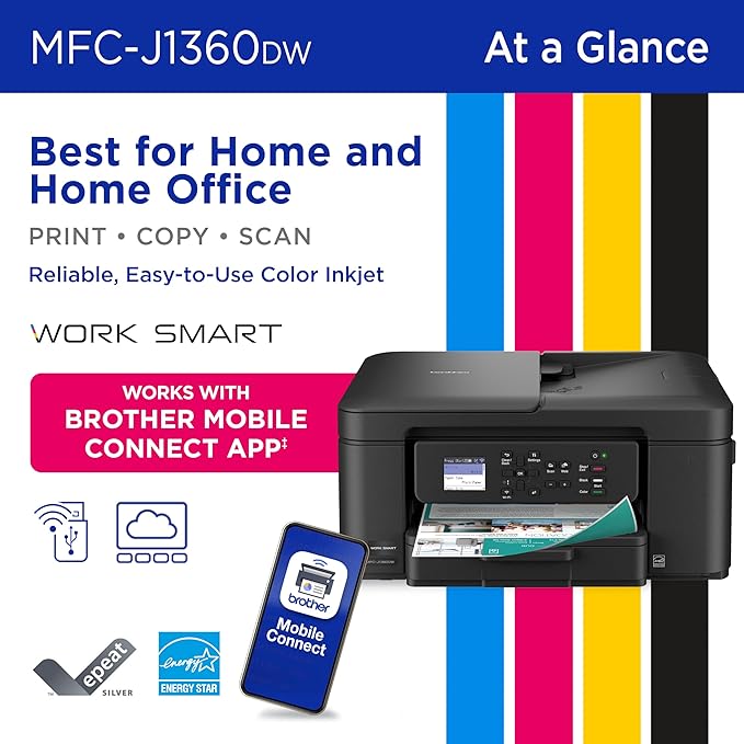 Brother Work Smart 1360 Wireless Color Inkjet All-in-One Printer with Automatic Duplex Printing and 1.8” Color Display | Includes Refresh Subscription Trial(1) (MFC-J1360DW) (Uses LC501 Series Inks)-DeskLoop Office