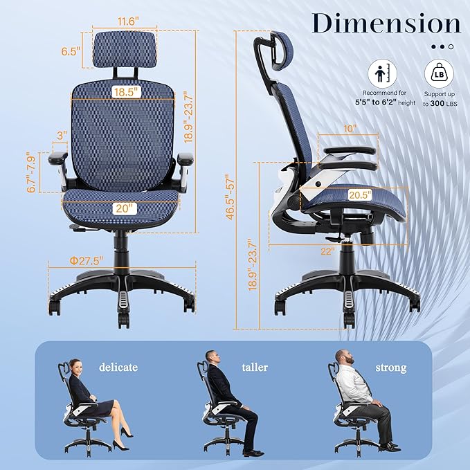 GABRYLLY Ergonomic Office Chair, High Back Mesh Desk Chair with Adjustable Headrest, Flip-Up Arms, 90-120° Tilt Lock, Lumbar Support and Comfy Seat, Swivel Computer Task Chair, Blue-DeskLoop Office
