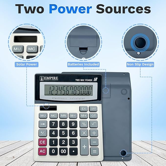Empire Desk Calculator with Large Key Buttons, 12 Digits, Large Eye-Angled Display, Solar and Battery Powered for Home and Office (Battery Included)-DeskLoop Office