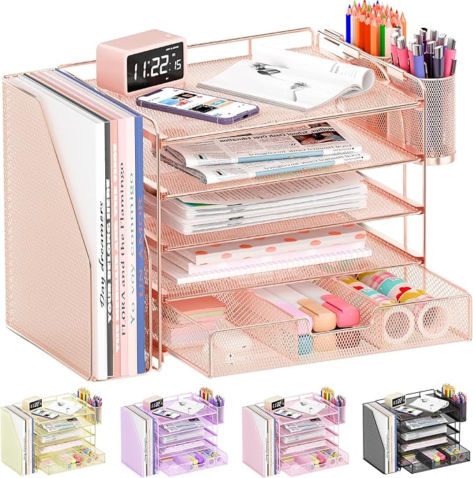 Desk Organizers and Accessories, 5-Tier Paper File Organizer with Drawer & Pen Holder, Office Desk Accessories Workspace Desktop Organizer for Office Supplies (Rose Gold)-DeskLoop Office
