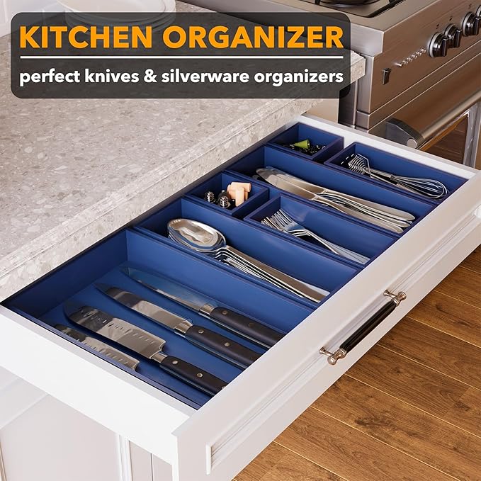SpaceAid 7-Piece Bamboo Drawer Organizer Storage Boxes Set, Wood Tray Junk Drawer Organizers Multi-Use Divider Bins for Kitchen, Bathroom, Office Desk and Makeup Organization (7 Pack, Navy Blue)-DeskLoop Office