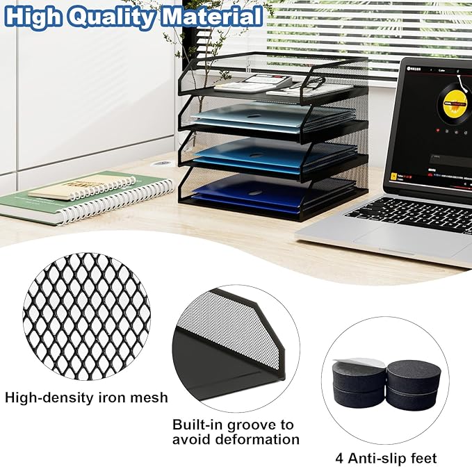 Natwind 4-Tier Stackable Paper Tray, Metal Mesh Desktop Organizer, A4 Desk Organizer, Stackable Letter Trays,File Folder Sorter Organizer with Sliding Tray for Home, Office, School (Black)-DeskLoop Office