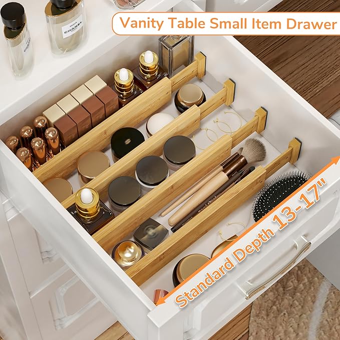 BAMEOS Drawer Divider,Expandable Bamboo Separators Adjustable Utensil Knife Fork Tool Kitchen Organizer, Clothes Fabric Drawer Organizer In Bathroom Bedroom Office, Cabinet Dresser Organizer 4-pack-DeskLoop Office