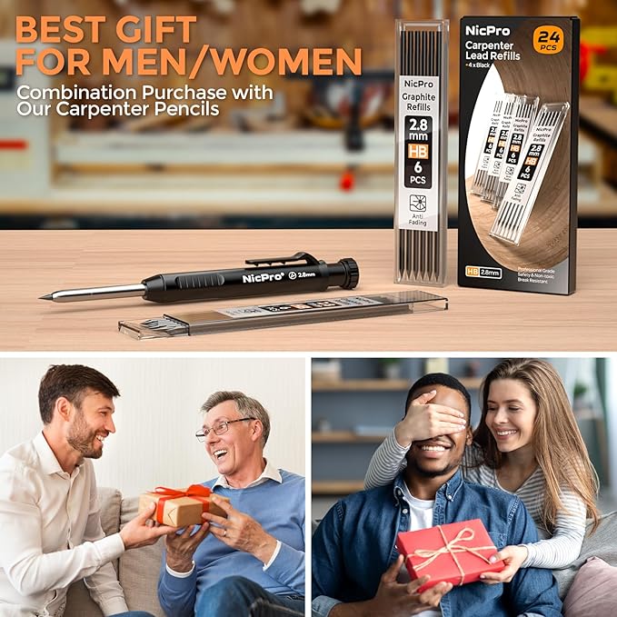 Nicpro 24 Pieces Carpenter Pencil Lead Refills 2.8mm, Break Resistant Leads for Construction and Woodworking Pencils (Black)-DeskLoop Office