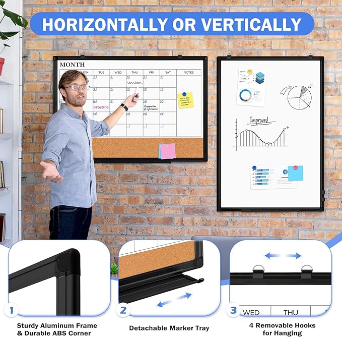 Monthly Calendar Whiteboard Dry Erase Cork Board Combo for Wall, 36" x 24" Magnetic Double-Sided Calendar White Board and Bulletin Board, Portable Board for Office, Kitchen, School, Home-DeskLoop Office