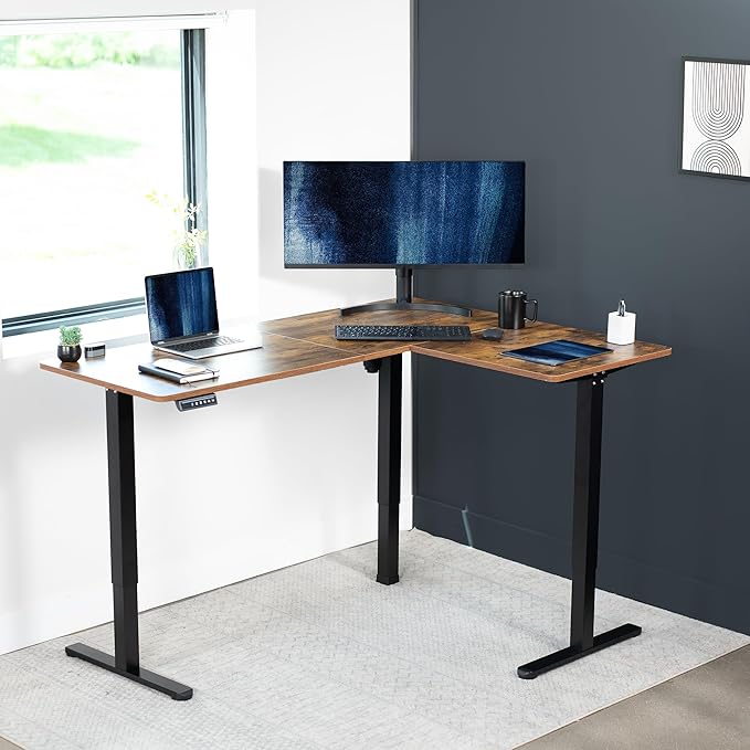 VIVO Electric Corner L-Shaped 63 x 47 in Rustic Standing Desk, Memory Height Adjustment, Vintage Brown Top Black Frame, DESK-E3CTN-47-DeskLoop Office