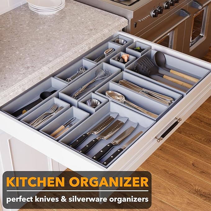 SpaceAid 14-Piece Bamboo Drawer Organizer Storage Boxes Set, Wood Tray Junk Drawer Organizers Multi-Use Divider Bins for Kitchen, Bathroom, Office Desk and Makeup Organization (14 Pack, Gray)-DeskLoop Office