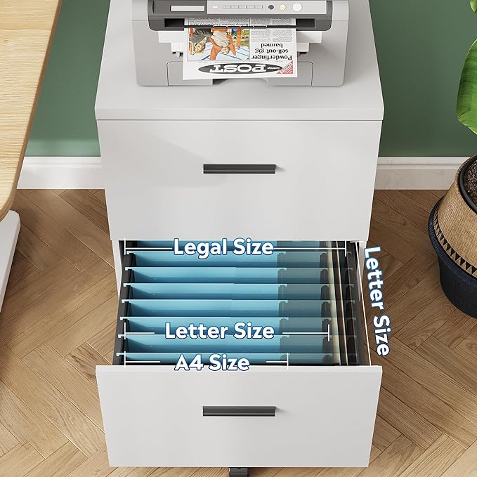 DEVAISE Wood File Cabinet, 2 Drawer Filing Cabinet for Home Office, Vertical File Cabinets with Wheels fits A4/Letter/Legal Size File, White-DeskLoop Office