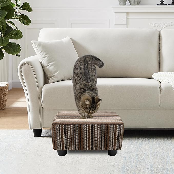 CAROLMADE Small Foot Stool Ottoman Footstool with Legs Under Desk Footrest for Living Room Bedroom and Office,Linen-Stripe Brown-DeskLoop Office