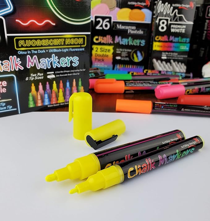 16 UV Fluorescent Neon Chalk Markers - Double Pack of Both Fine & Reversible Medium Tip Liquid Chalk Pens Wet Erasable Menu Boards, Glass, Whiteboards, Mirrors, Non-Porous Chalkboards, Plastic, Metal-DeskLoop Office