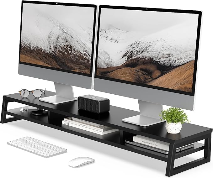 Fenge Dual Monitor Stand for Desk, 42.5in Large Monitor Riser for 2 Monitors, 2 Tier Computer Office Desk Top Shelf, Desktop Storage Stand for Laptop, PC, Computer, Printer-DeskLoop Office