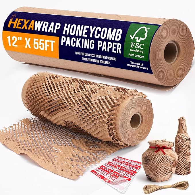 Honeycomb Packing Paper 12" x 55ft with Rope & 20 Fragile Stickers|Shipping & Moving Supplies|Small Business Packaging Supplies|Eco Friendly Bubble Wrap Packing Boxes for Moving Certified FSC C204227-DeskLoop Office