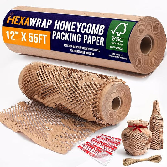 Honeycomb Packing Paper 12" x 55ft with Rope & 20 Fragile Stickers|Shipping & Moving Supplies|Small Business Packaging Supplies|Eco Friendly Bubble Wrap Packing Boxes for Moving Certified FSC C204227-DeskLoop Office