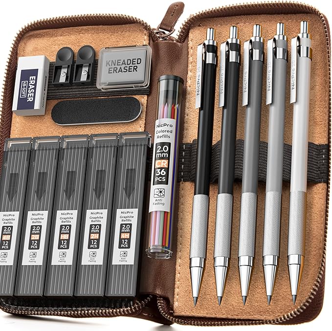 Nicpro 17PCS Metal 2mm Mechanical Pencil Set in Leather Case, 5 PCS 2.0 mm Lead Pencil Holders (4B 2B HB 2H 4H) 6 Tube Black Colored Lead Refills, Erasers, Sharpener For Art Drafting Sketching Drawing-DeskLoop Office