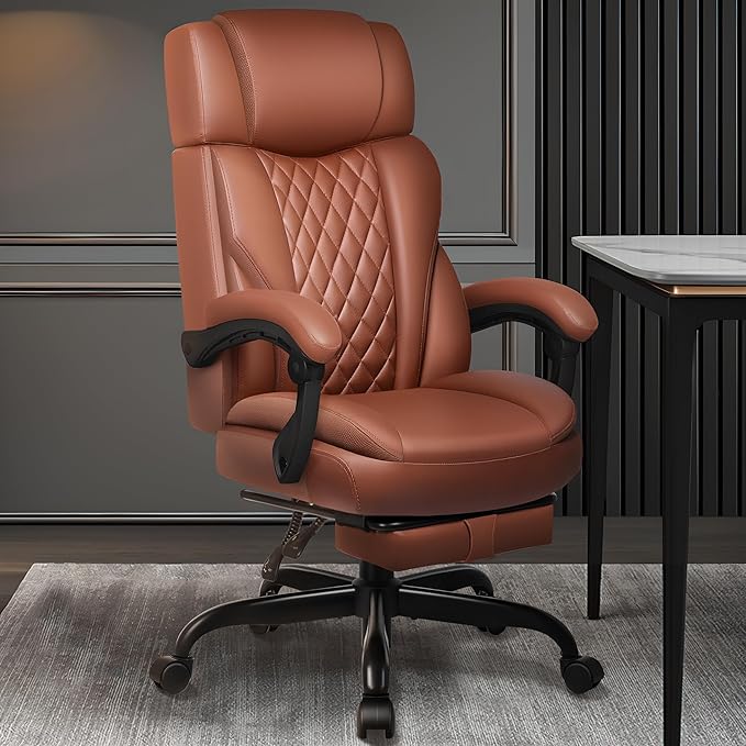 Executive Leather Office Chair, Big and Tall Office Chair with Footrest Home Office Desk Chairs, Ergonomic Computer Desk Chair with Lumbar Support, Reclining Office Chairs with Adjustable Angle-DeskLoop Office