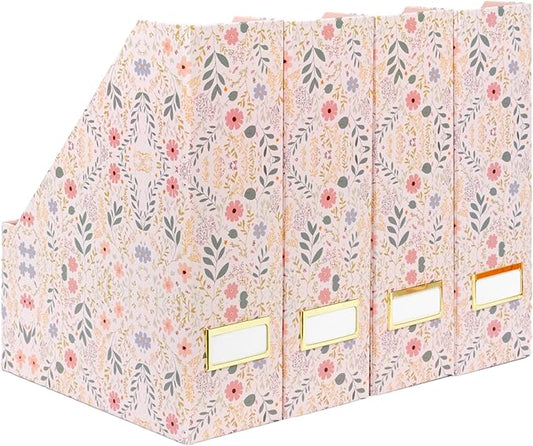 BLU MONACO Foldable Magazine File Set of 4 with Floral Boho Design – Decorative Cardboard Magazine Organizer for Home, Office & Dorm Room – Artistic Magazine Storage Solution-DeskLoop Office
