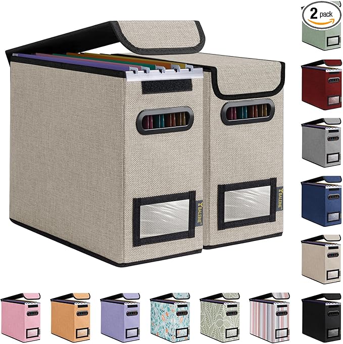 BALEINE File Organizer Box with Lid, Collapsible File Folder Organizer with Plastic Slide, Hanging File Folder Box for Office Document Storage (2 Pack, Beige, S)-DeskLoop Office