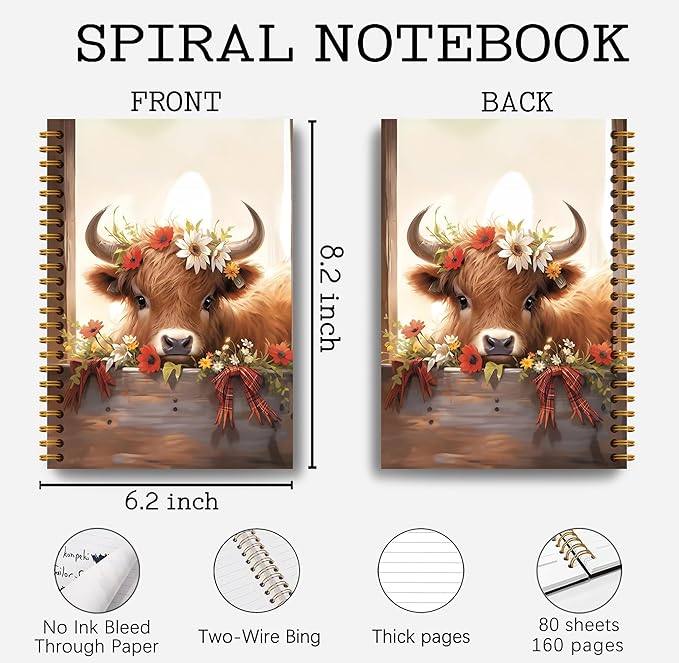 Floral Highland Cow Notebook - Western Cow Notebook, Highland Cow Office Supplies, Highland Cow Gifts, Cow Lover Gifts, Cute Cow Stuff, Farmhouse Highland Cow Spiral Notebook 5.5x8.3-DeskLoop Office