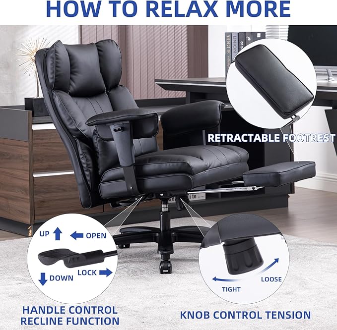 Big and Tall Office Chair 500lbs Wide Seat Executive Office Desk Chair High-Back Office Task Chair with Foot Rest, Ergonomic Lumbar Support Computer Office Chairs for Heavy People(Black)-DeskLoop Office