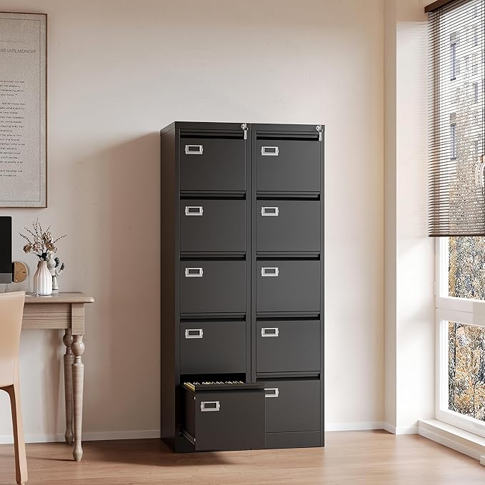 File Cabinets - 5 Drawers Vertical 17.8" Deep Lockable Filing Cabinet - Black & Gray Metal Storage Cabinets for Home Office to Hanging Files Letter/Legal/F4/A4 Size-DeskLoop Office