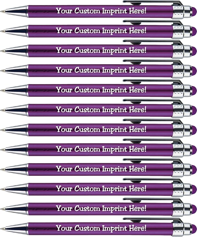 Personalized Pens with Stylus Tip -Bright Vibes- Click action - Custom - Black writing - Printed Name pens - Imprinted with Your Logo or Message - FREE PERSONALIZATION - 12 Pens/Box (Purple)-DeskLoop Office