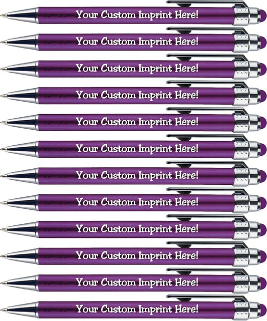 Personalized Pens with Stylus Tip -Bright Vibes- Click action - Custom - Black writing - Printed Name pens - Imprinted with Your Logo or Message - FREE PERSONALIZATION - 12 Pens/Box (Purple)-DeskLoop Office