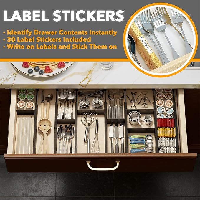 SpaceAid Bamboo Drawer Dividers with Inserts and Labels, Kitchen Adjustable Drawer Organizers, Expandable Organization for Home, Office, Dressers, 7 Dividers with 15 Inserts (17"-22" Black)-DeskLoop Office