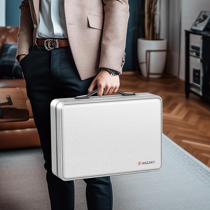 Fireproof Document Box with Fireproof Zipper, Hard Inner Shell Fireproof Document Bag with Lock, Fireproof Water Resistant Important Document Organizer 16 inch Laptop File Briefcase (Silver)-DeskLoop Office