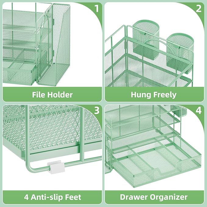 Marbrasse Desk Organizer and Accessories,4-Tier Paper Letter Tray Organizer with File Holder, Desk Accessories & Workspace Organizers with Drawer and 2 Pen Holder (Green, 15.4" x 9.1" x 8.3")-DeskLoop Office