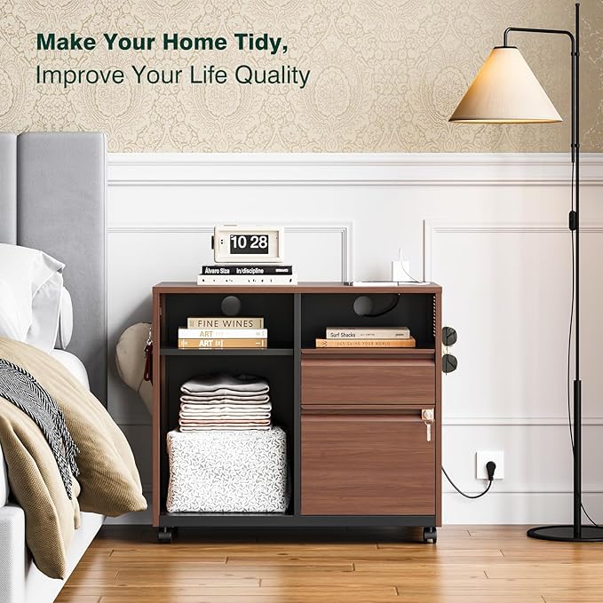 Mobile 2 Drawer File Cabinet,Metal File Cabinet with Lock,Lateral Printer Stand Filling Storage Cabinet for Home Office-A4/F4/Letter(Charging Socket)-DeskLoop Office