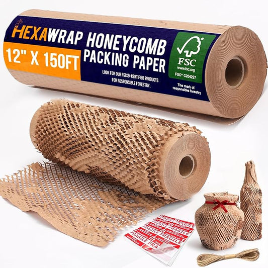 Honeycomb Packing Paper 12" x 150ft with Rope & 20 Fragile Stickers|Shipping & Moving Supplies|Small Business Packaging Supplies|Eco Friendly Bubble Wrap Packing Boxes for Moving Certified FSC C204227-DeskLoop Office
