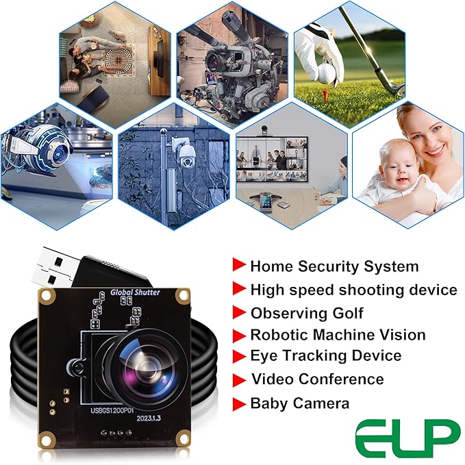 ELP High Speed Wide Angle Global Shutter USB Camera Module for Computer 1080P Mini UVC USB2.0 Webcam Board with 120degree No Distortion Lens AR0234 High Frame 90fps Web PC Camera Board for Laptop-DeskLoop Office