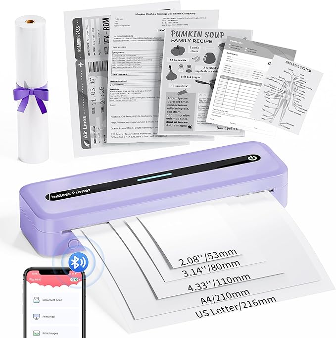 COLORWING Portable Printers Wireless for Travel, 300DPI Mini Compact Inkless Printer, Thermal Bluetooth Printer Compatible with Android and iOS Smartphone & Tablet & Laptop - Purple-DeskLoop Office