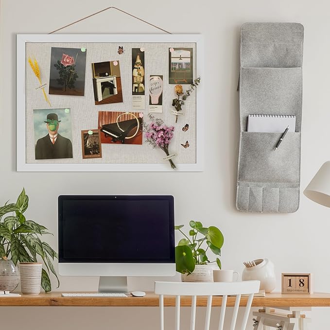 Cork Board Bulletin Board 16.7" x 11", 2-Pack Small Linen Corkboards with Frame for Walls, Cute Picture Display Pin Board Vision Board for Room School Office Bedroom 25 Pushpins Vintage White-DeskLoop Office