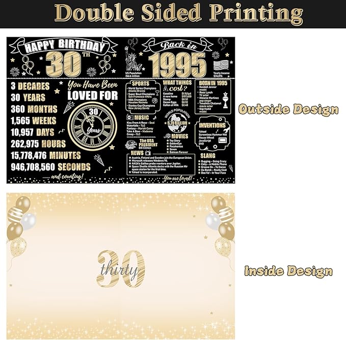 Large 30th Birthday Gift Card With Envelope for Men Women, 1995 Black Gold Happy 30th Birthday Giant Guest Signature Book Gifts, Big Vintage Thirty Greeting Card Decoration Party Supply