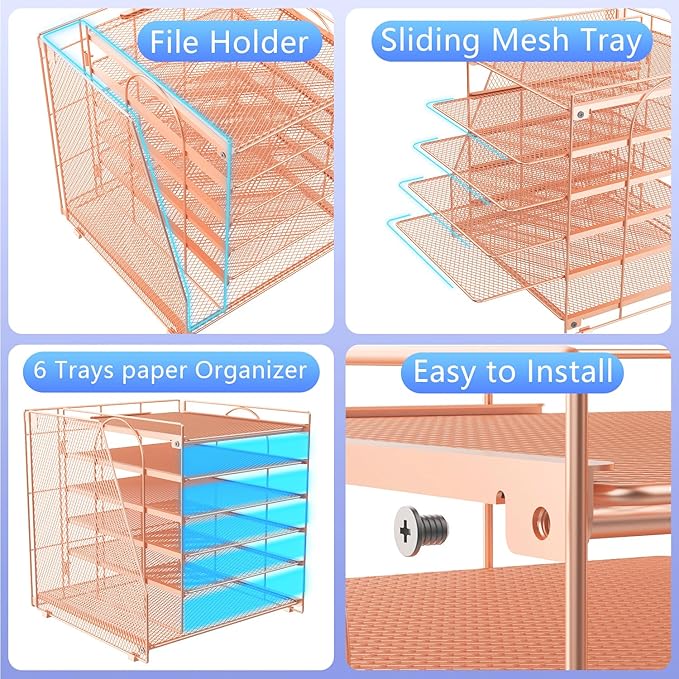 Gianotter Desk Organizer for Women, 6-Tier Paper Organizer with Magazine Rack, Office Desk Decor, Office Supplies (Rose Gold)-DeskLoop Office