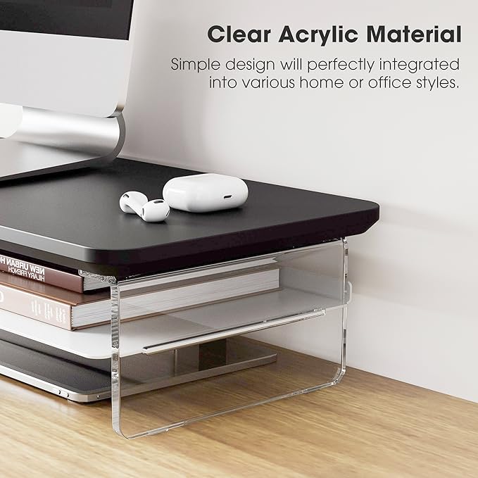 Fenge Acrylic Monitor Stand Riser, 23.6 Inches Monitor Stand with Metal Storage, 2 Tier Acrylic Computer Riser for Desk, Clear Laptop Stand for PC, Laptop, Printer, TV-DeskLoop Office