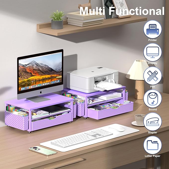 Desk Organizer and Accessories, Computer Monitor Stand Riser with Drawer and 2 Pen Holders, Office Desk Accessories & Workspace Organizers for Office Supplies (Purple)-DeskLoop Office