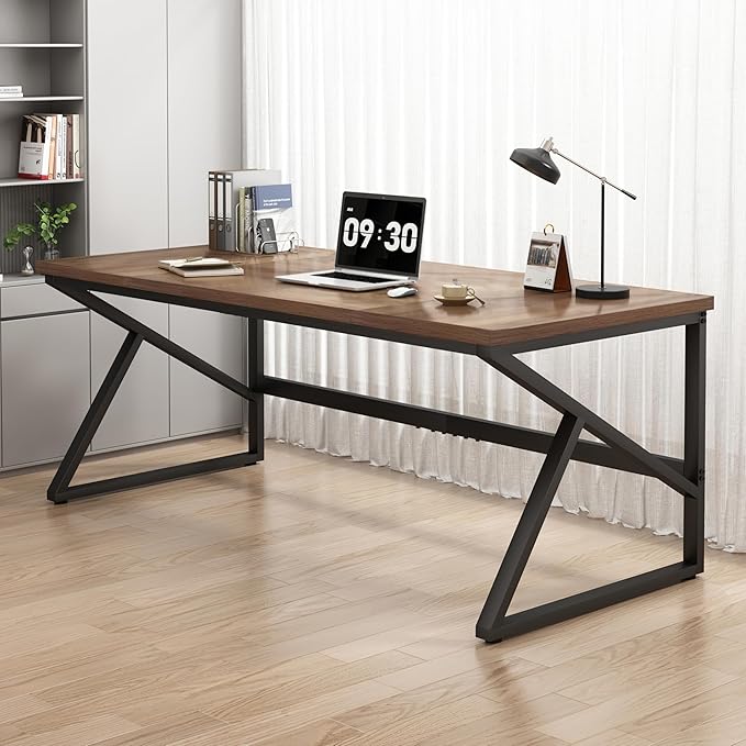 HSH Large Home Office Desk, Modern Wood Metal Computer Desk for Two Person, Extra Long Executive Writing Study Gaming Double Desk Workstation, 70 Inch Rustic Bedroom Living Room Table for 2 Monitors