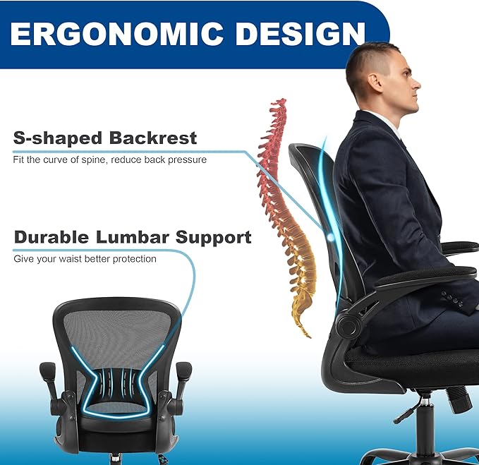 Mesh Office Chair, Ergonomic Home Office Desk Chairs with Flip-up Arms and Lumbar Support, Height Adjustable, Black-DeskLoop Office