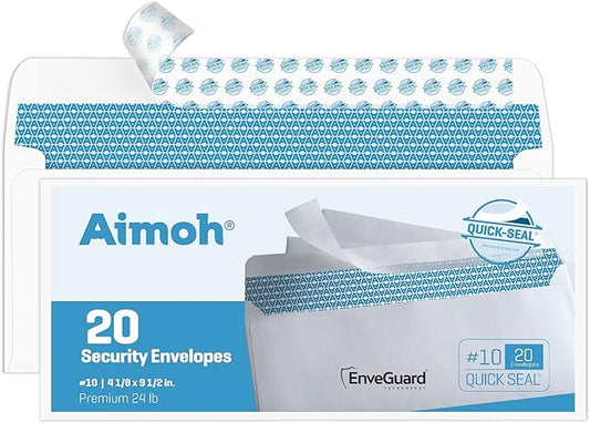 Aimoh #10 Security SelfSeal Envelopes – 20 Qty |No Window, EnveGuard, 4⅛ x 9½", White, 24 LB, 20 Count (34120)-DeskLoop Office