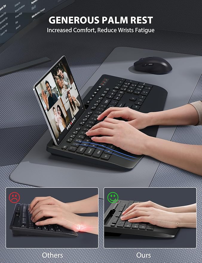 Wireless Keyboard and Mouse Combo 2 Pack - Full-Sized Ergonomic Keyboard with Wrist Rest, Phone Holder, Sleep Mode, Silent 2.4GHz Cordless Keyboard Mouse Combo for Computer, Laptop, PC, Mac, Windows-DeskLoop Office