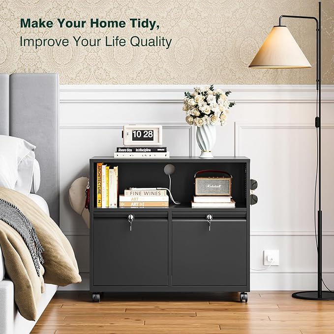 Metal File Cabinet,2 Drawer Filing Cabinet with Lock,Rolling Printer Stand Storage Cabinets with Shelves for Home Office Letter/Legal/A4 Size Files(Black)-DeskLoop Office