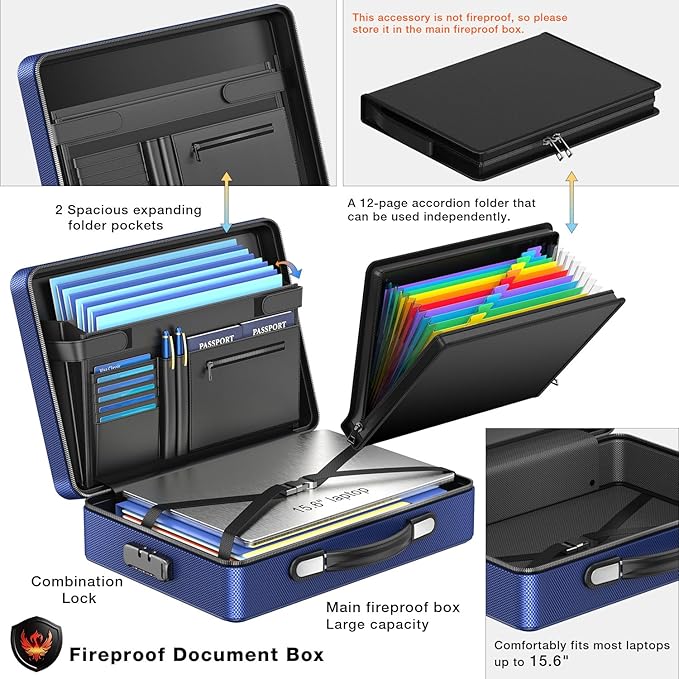 Fireproof Document Box with Fireproof Zipper, Hard Inner Shell Fireproof Document Bag with Lock, Fireproof Water Resistant Important Document Organizer 16 inch Laptop File Briefcase (Blue)-DeskLoop Office