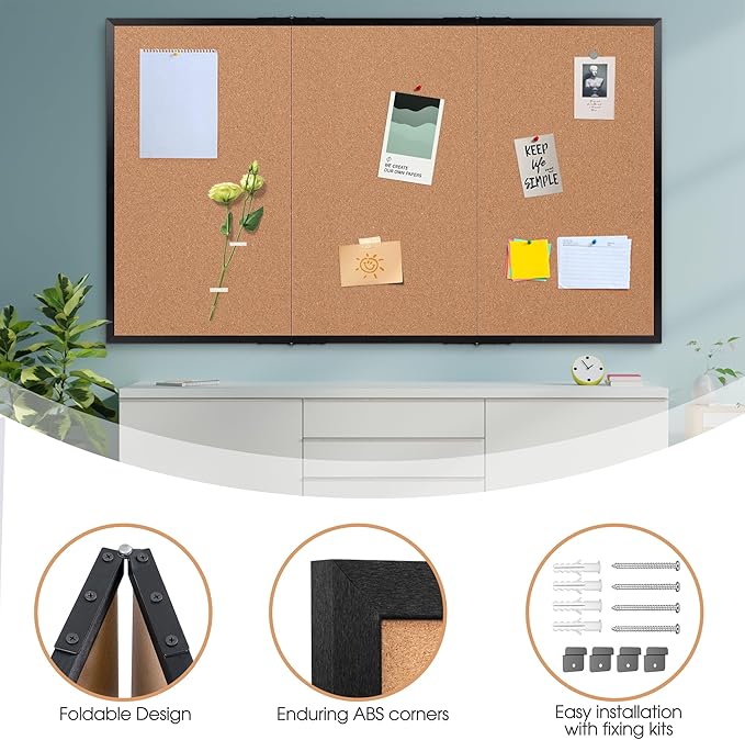 Board2by Extra Large Cork Bulletin Board 96" X 48", Foldable Notice Pin Board for Wall, Black Woodm Framed 8'x4' Corkboard, Wall Mounted Noticeboard with 32 Push Pins for School, Home & Office-DeskLoop Office