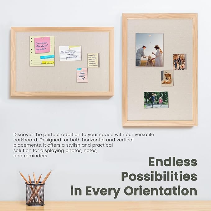 Bulletin Board Cork Board with Linen, 100% Wood Framed 30" x 20" Bulletin Board Decorations, Pin Boards for Walls, Wall Mounted Fabric Picture Board with 10 Pushpins for School, Home & Office, Natural-DeskLoop Office