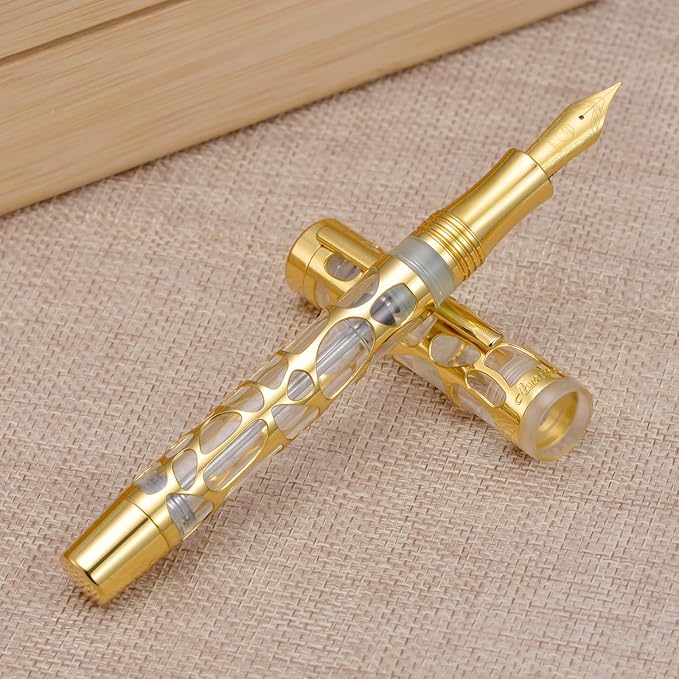 Asvine V169 Vacuum Filling Fountain Pen Medium Nib, Water Drop Skeleton Gold Trim Transparent Clear Acrylic Pen Case Set-DeskLoop Office