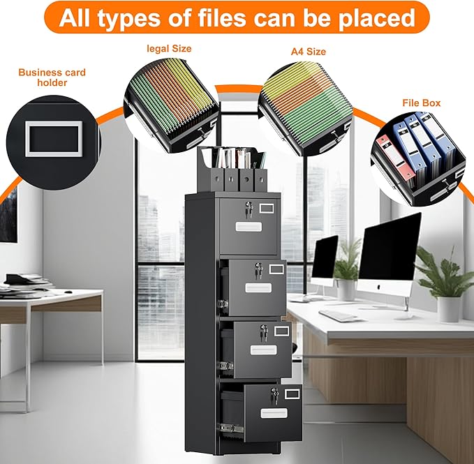 4 Drawer Metal Vertical File Cabinet with 4 Independent Locks, Home Office File Cabinet with Card Holder for Letter/Legal/A4 Folders, Black Filing Cabinet, Assembly Required, 4 Drawers-DeskLoop Office