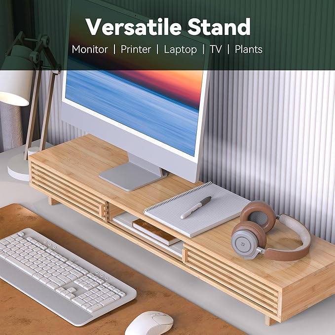 Dual Monitor Stand Riser with Sliding Door, Double Computer Laptop Stand Desk Shelf Organizer with Storage (Natural Bamboo, 38 Inch)-DeskLoop Office